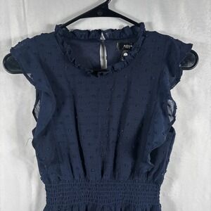 AQUA Girls Navy Clip Dot Smocked Waist Ruffle Midi Dress